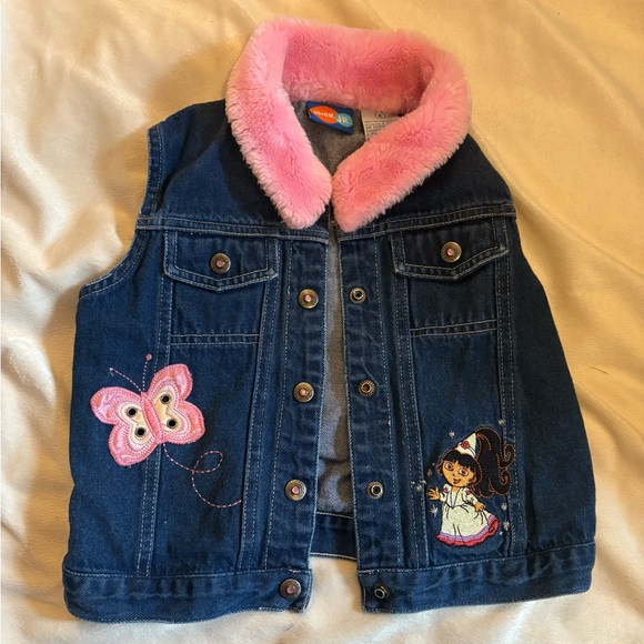 Vintage Y2K Nick Jr Dora The Explorer Denim Vest Pink Fur Trim Size 6 Fairytale - Picture 1 of 7